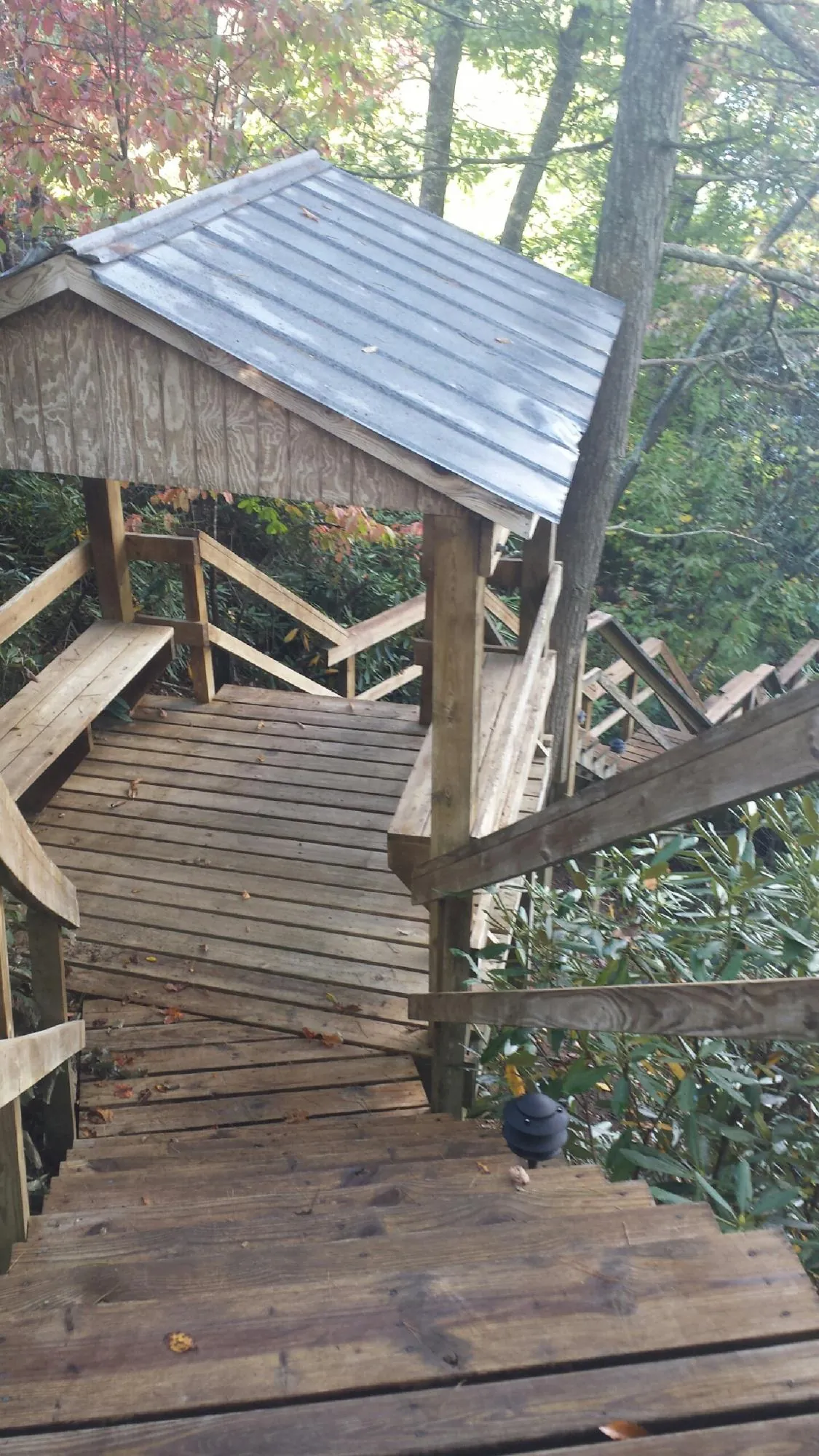 Metal roofed shelter over wooden steps on a wooded walkway — Skylight Repair & Installation work by our crew in Eureka